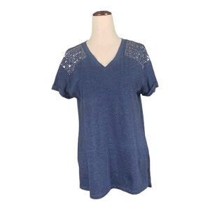 NWT Diane Gilman Navy Blue Short Sleeve Cotton Blend Shirt Silver Beading Small